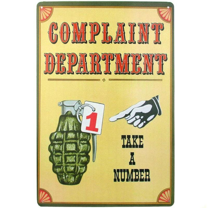 Tin Complaint Department Sign